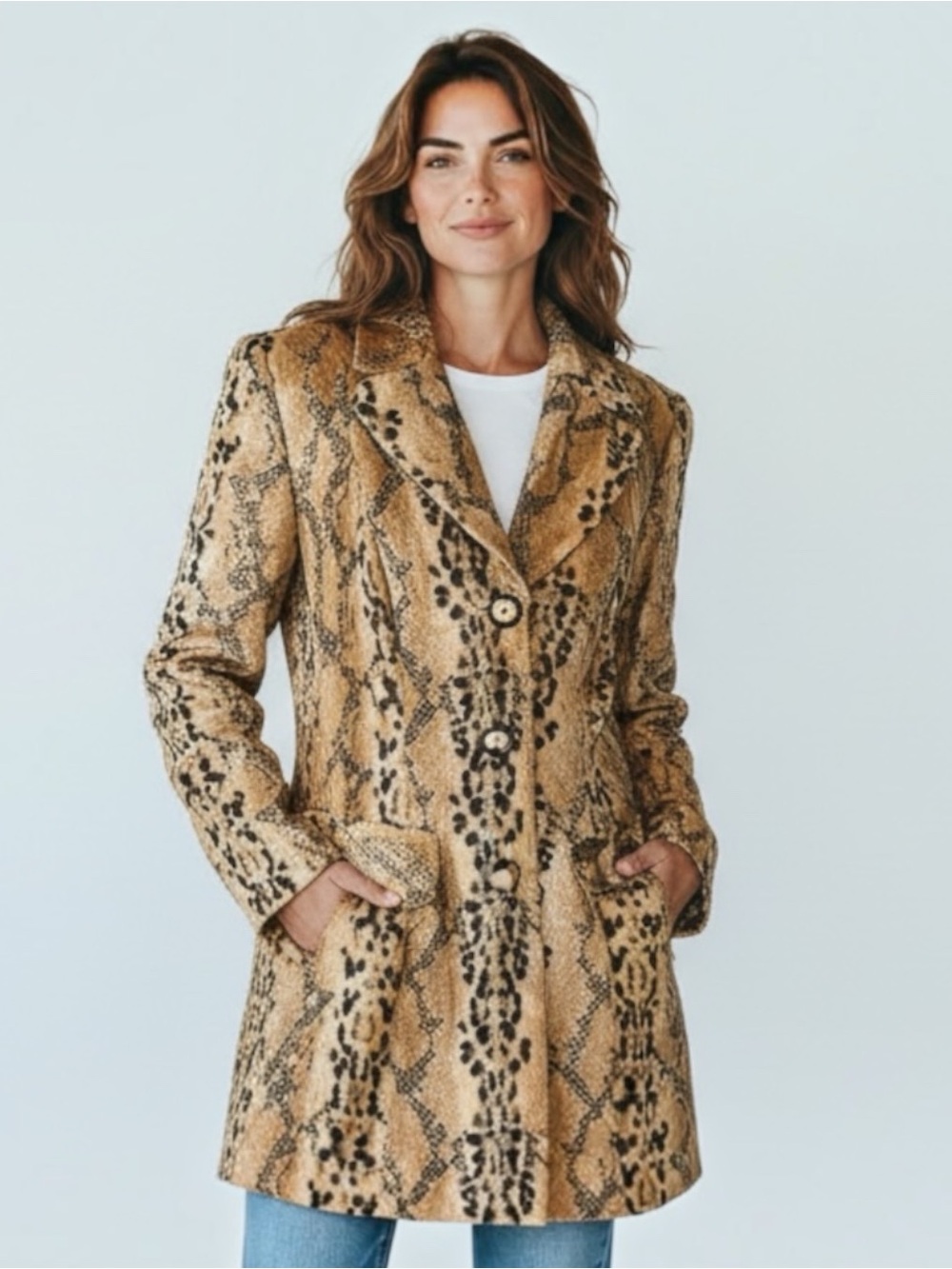 Alberto Makali Cache VINTAGE Leopard Print Long Blazer Jacket Faux Fur 8